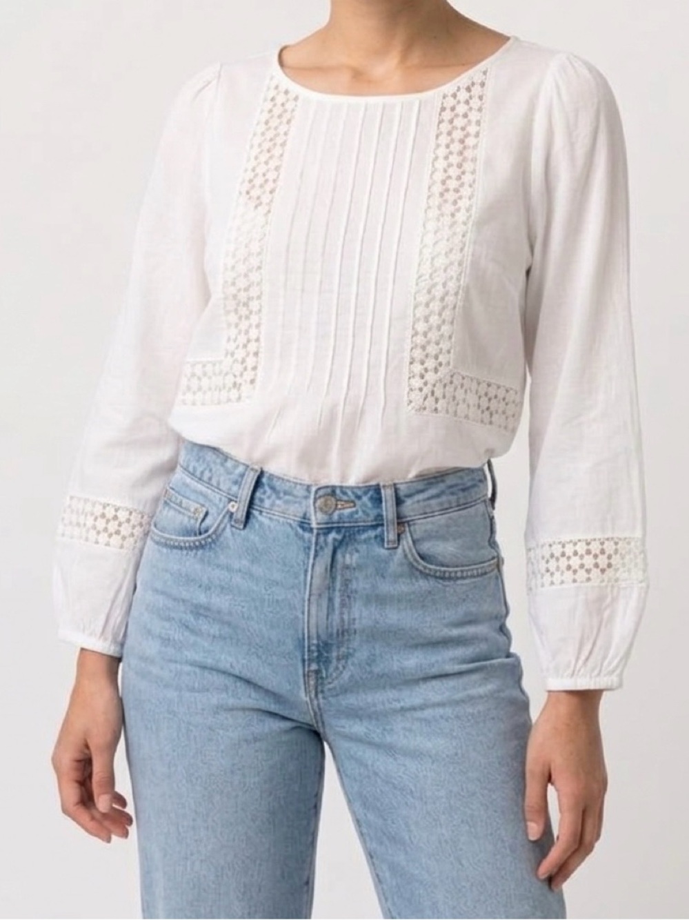 LOFT White Lace-Trim Pintuck Long Sleeve Blouse